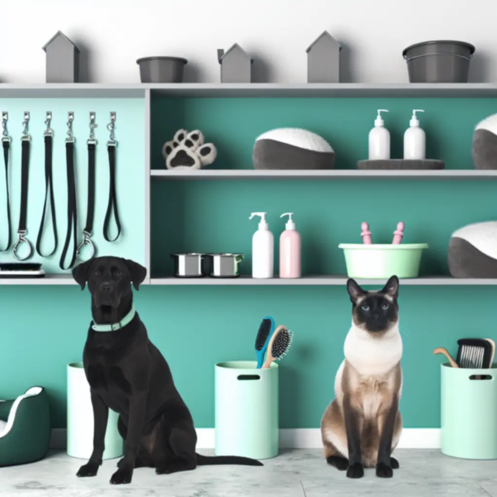 Kolaż zdjęć akcesoriów i produktów pielęgnacyjnych dla psów i kotów