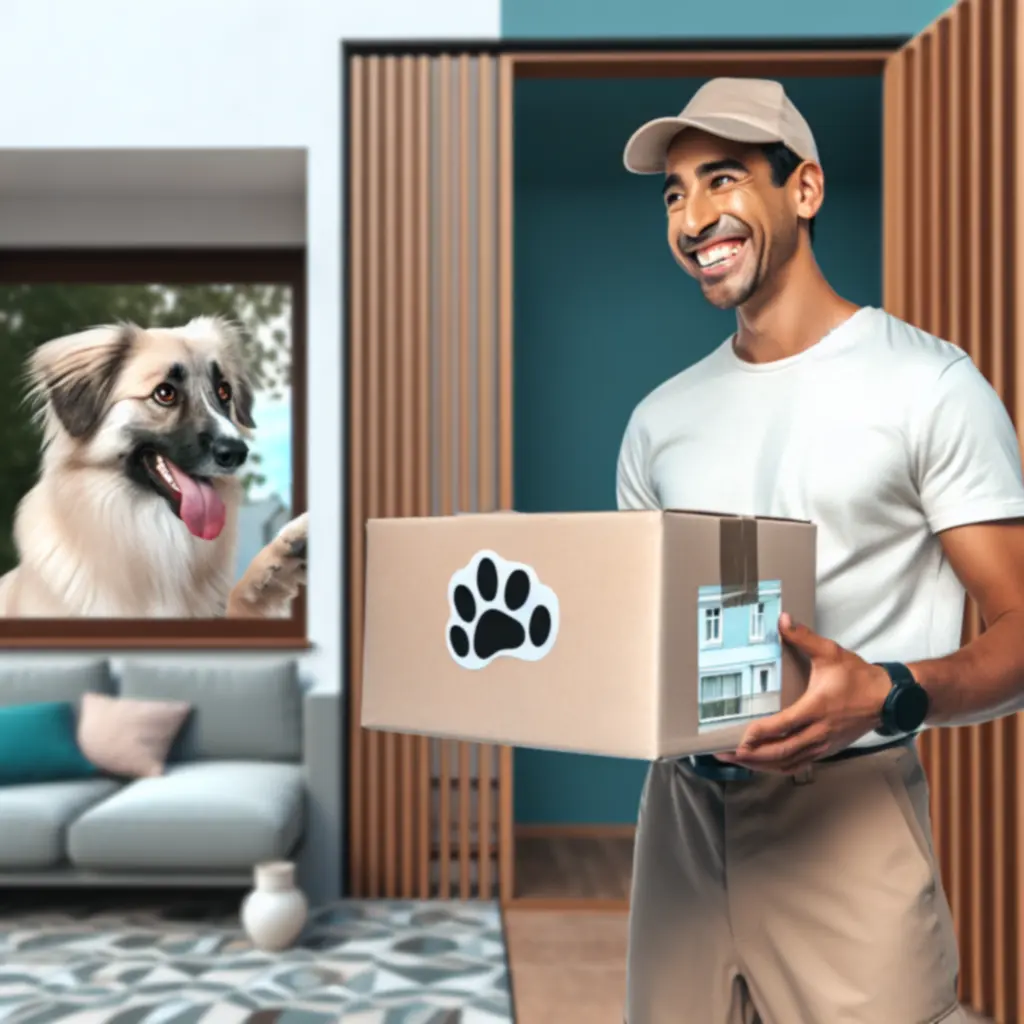 Kurier dostarczający paczkę z produktami dla zwierząt