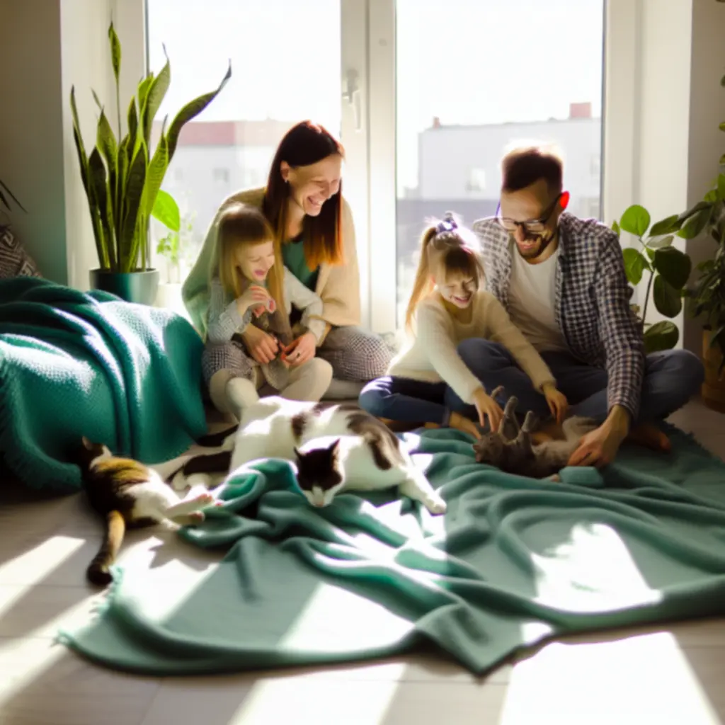 Uśmiechnięty opiekun bawiący się z psem i kotem w przytulnym wnętrzu