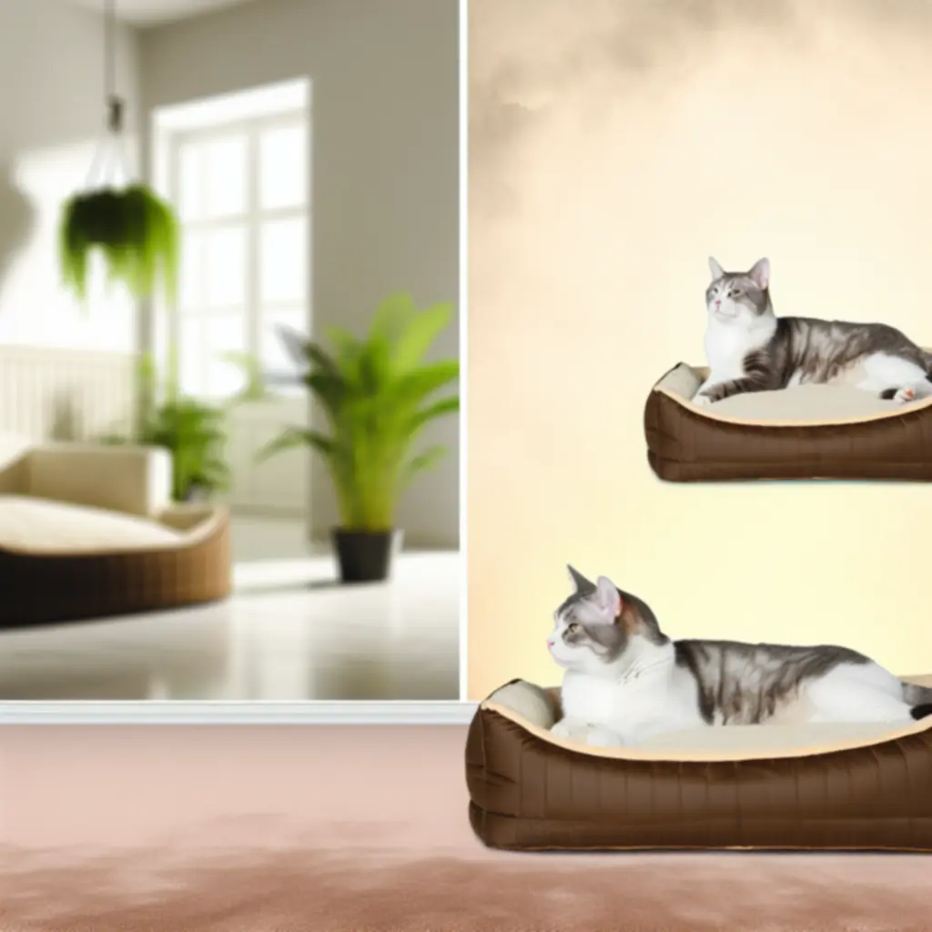 Kot i pies odpoczywający na miękkim legowisku w salonie