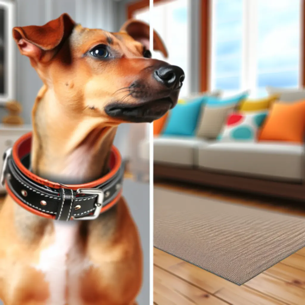 Pies w eleganckiej obroży w przytulnym wnętrzu